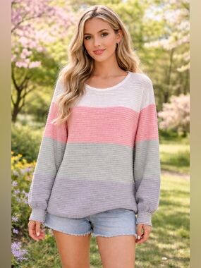 MACARON Striped Knit Pullover in Pink, Gray & Lavender